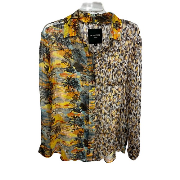 LE SUPERBE Women's Palm Print Leopard Button Down Shirt Silk Lurex Top- Size 2 - Picture 1 of 8
